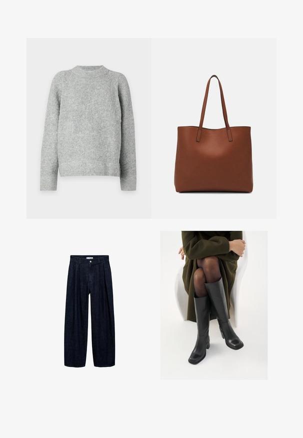 Maglione grigio a collo rotondo realizzato in tessuto a maglia texturizzato, con maniche lunghe, una vestibilità comoda e senza motivi visibili.; Pantaloni wide-leg in denim scuro con pieghe in vita, dotati di un bottone frontale e passanti per cintura. Texture liscia e design a lunghezza completa.; Stivali neri in pelle alti fino al ginocchio con punta squadrata e tacco a blocco, mostrati con un modello seduto in un cappotto verde oliva. Texture liscia, dettagli minimi.; Borsa tote in pelle marrone con texture liscia, design con apertura superiore e due spallacci. Presenta cuciture minime e nessun hardware visibile.