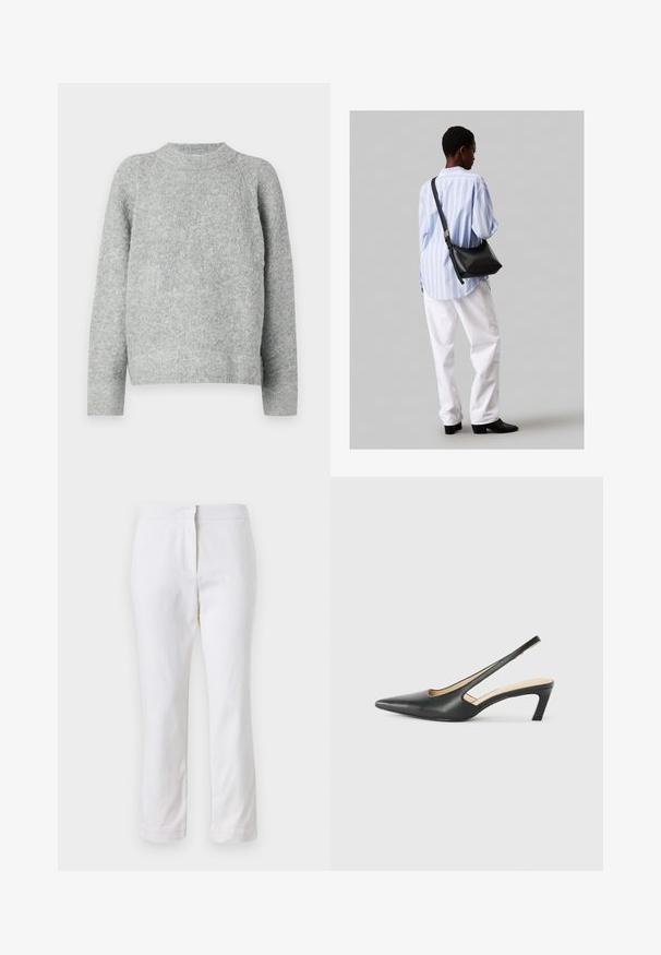 Pelēks džemperis, kas izgatavots no teksturēta adījuma, ar apaļu kakla izgriezumu un garām piedurknēm, ar brīvu piegriezumu un bez redzamām rakstām.; Baltas kokvilnas bikses ar taisnu kāju dizainu, ar vidēju augstumu un bez redzamām detaļām vai rakstiem. Visā virsmā ir gluda tekstūra.; Melna, ar smailu purngalu, slingback kurpe ar zemu papēdi, izgatavota no gludas ādas materiāla un ar izgriezumiem sānos gaisa caurlaidībai.; Melna ādas plecu soma ar mīkstu tekstūru, trīsstūra formu un regulējamu siksnu, apvienota ar gaiši zilu svītrotu krekli un baltām biksēm.