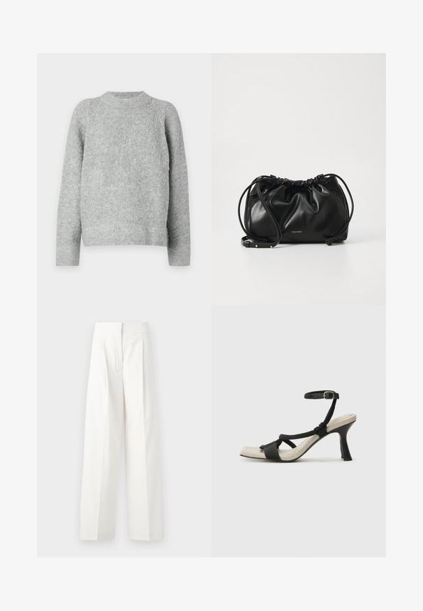 Grauer Pullover aus strukturierter Strickware, mit rundem Halsausschnitt und langen Ärmeln, lockerer Schnitt und ohne sichtbare Muster.; Weiße weit geschnittene Hosen mit hoher Taille, die über Vorderfalten und eine glatte Textur verfügen und aus leichtem Stoff gefertigt sind.; Schwarze Absatzsandale mit geflochtenem Riemendesign, quadratischer Spitze und verstellbarem Knöchelriemen. Helle beigefarbene Sohle mit glänzendem schwarzen Absatz.; Schwarze Lederhandtasche mit gerafftem Design, doppeltem Kordelzugverschluss und abnehmbarem Schulterriemen. Mit metallic Logo-Details.