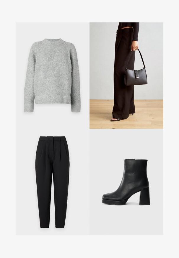 Pilkas megztinis su apvalia iškirpte ir ilgomis rankovėmis, pagamintas iš tekstūrinio mezgimo audinio, laisvo kirpimo ir be matomų raštų.; Juodos tiesios kelnės, su klostėmis priekyje, lygia tekstūra ir šoninėmis kišenėmis. Juosmens aukštis standartinis.; Juodas odinis kulkšninis botas su bloku ir platformos padu, matomas šoniniu vaizdu ant balto fono.; Juodas rankinė struktūrizuota forma, lygi tekstūra ir metalinis užsegimas. Suporuota su plačiomis juodomis kelnėmis ir atvirais bateliais ant medinių grindų.