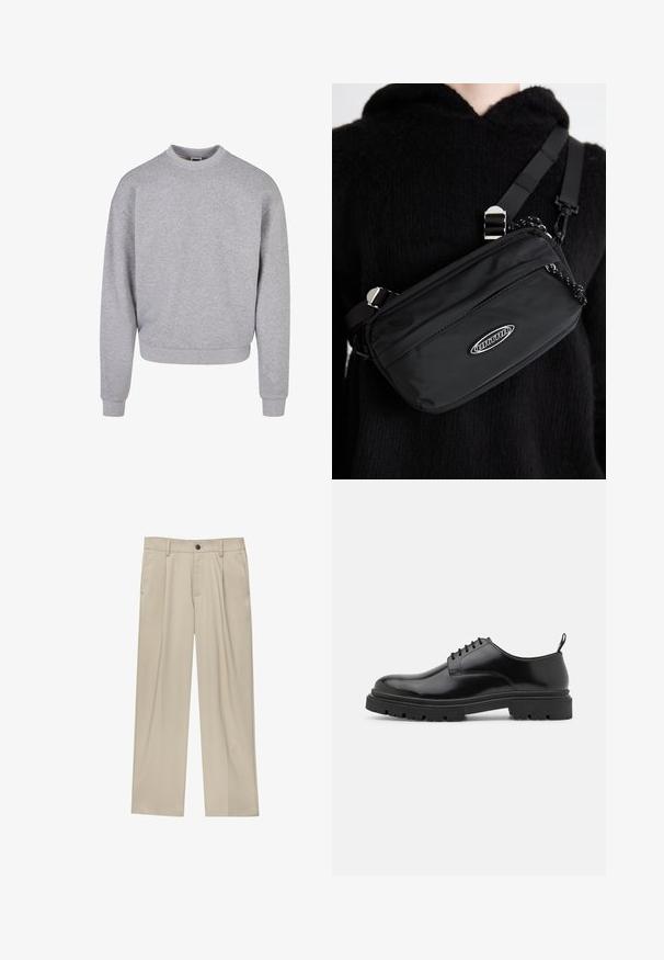 Felpa grigia con colletto rotondo, maniche lunghe e polsini a costine. Realizzata in un materiale morbido e testurizzato, presenta una vestibilità rilassata.; Pantaloni beige a taglio dritto, con un solo bottone nero, passanti per la cintura e tasche laterali. Tessuto dalla texture liscia e design minimale.; Scarpe stringate in pelle nera con punta arrotondata, texture liscia e suola in gomma rigata. Presentano un piccolo tacco e un pratico cinturino sul retro.; Borsa a tracolla nera in nylon con tracolla regolabile, caratterizzata da una texture liscia, una tasca con zip frontale e un accento con logo.