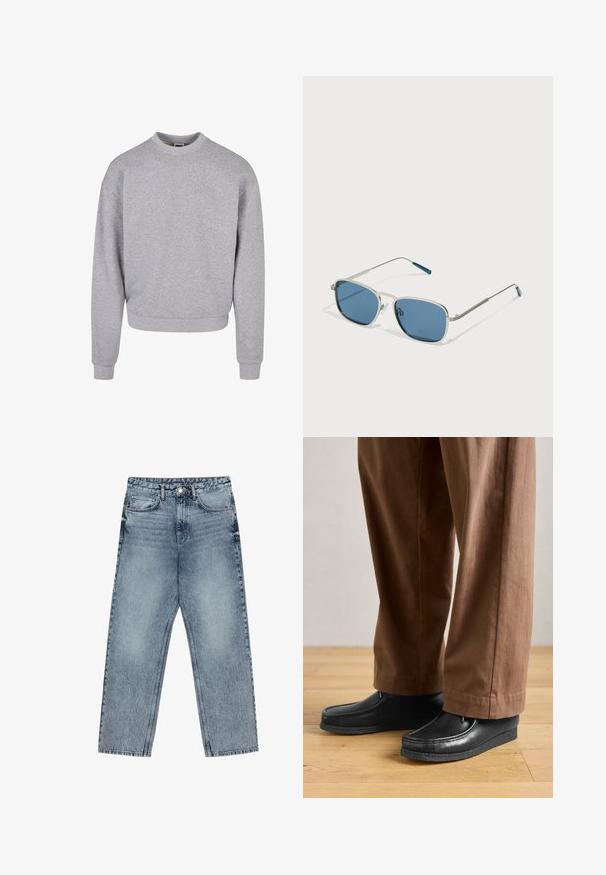 Šedá mikina s okrúhlym výstrihom, dlhými rukávmi a rebrovanými manžetami. Vyrobená z mäkkého, štruktúrovaného materiálu, s voľným strihom.; Svetlomodré džíny s rovnými nohavicami, viditeľným prešívaním, dizajnom s piatimi vreckami a zapínaním na gombík v oblasti pása.; Čierne kožené topánky s mokasínovým dizajnom a šitím, v kombinácii s hnedými nohavicami, na drevenej podlahe.; Slnečné okuliare so strieborným kovovým rámom, obdĺžnikovými modrými sklami a tenkými nožičkami. Obsahujú modré akcenty na koncoch spánkov.