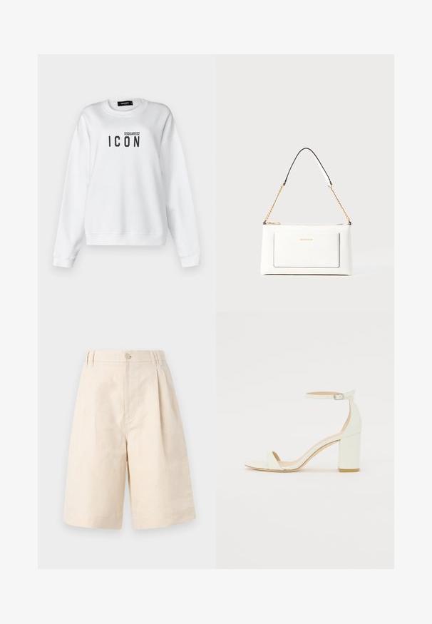 Witte sweatshirt van een katoenmix met een ronde halslijn, verlaagde schouders en een zwart "ICON" logo op de voorkant. Strak ontwerp.; Beige linnen shorts met een relaxte pasvorm, voorzien van een knoopsluiting, geplooid ontwerp en knie-lange snit. Glad textuur en eenvoudig stijl.; Witte leren sandaal met blokhak, voorzien van een enkelsluitsel met een gesp en een minimalistisch design. Open teen en gladde texturen overal.; Witte leren handtas met een textuurafwerking, voorzien van een gouden schouderhengsel en zwarte accenten. Inclusief een voorvak en ritssluiting.