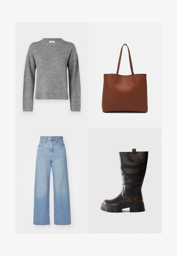 JDY JDYBIGUM O-NECK - Strikkegenser - medium grey; Lys blå høytlivs vide jeans med knapp- og glidelås lukking foran, foran og bak lommer, på en hvit bakgrunn.; Høy svart skinnstøvlett med chunky svart plattformsåle og brunt akcent på hælen, sidevisning på lys grå bakgrunn.; Brun lær tote veske med en jevn tekstur, åpen toppdesign og to skulderstropper. Har minimal søm og ingen synlige spiker.