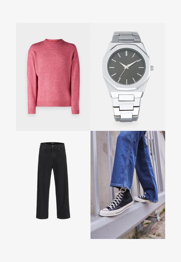 Jack & Jones JOROLLIE CREW NECK - Camisola - fuchsia rose; Calças de ganga pretas de perna reta com fecho de botão e zíper, passantes para cinto e bolsos frontais e traseiros.; Ténis altos pretos com sola e atacadores brancos, combinados com jeans azul desgastado, repousando sobre um corrimão cinza.; Relógio analógico prateado com caixa octogonal, mostrador cinza, marcadores de horas prateados e bracelete de elos em aço inoxidável. Design minimalista com textura suave.