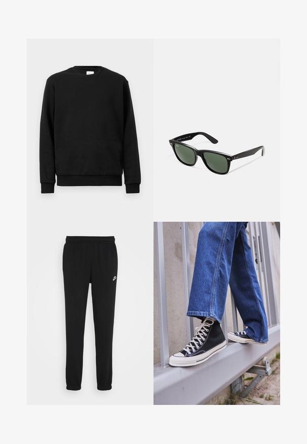 Črna majica s kapuco, izdelana iz bombažne mešanice; ima okroglo ovratnik, dolge rokave ter rebrast rob in višje rebraste manšete za tesno prileganje.; Črne trenirkaste hlače z elastičnim pasom, manšetami na gležnjih in majhnim belim Nike logotipom na levi strani. Narejene iz mehke strukture tkanine.; Črne visoke teniske z belim podplatom in vezalkami, v kombinaciji z ohlapnimi modrimi džinsom, naslonjene na sivo ograjo.; Črne plastične sončna očala z zelenimi lečami, kvadratni okvirji, srebrni detajl na obrvi in teksturirani ročaji. Blagovna znamka navedena na notranji strani ročaja.