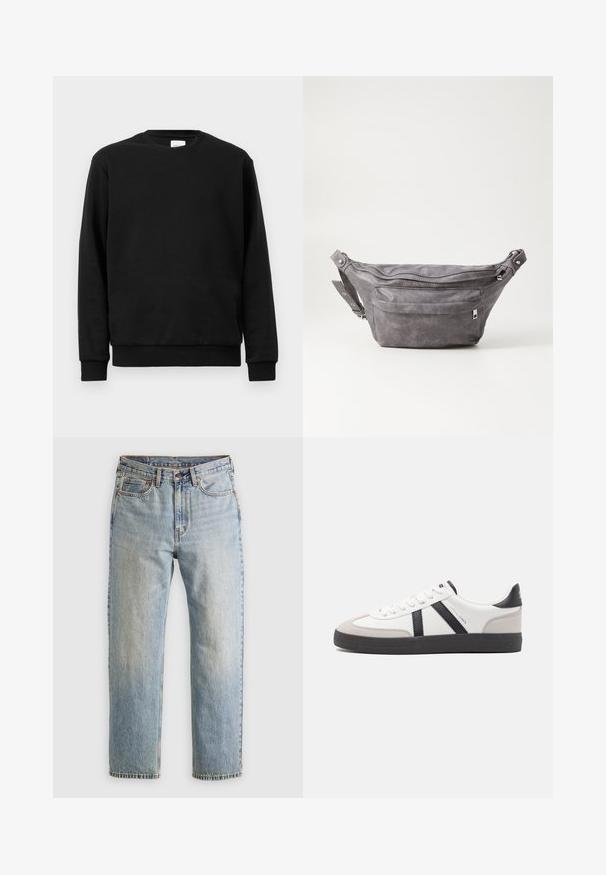 Sweatshirt negru realizat dintr-un amestec de bumbac; are guler rotund, mâneci lungi și manșete și tivuri ribbate pentru o potrivire confortabilă.; Jeans din denim de culoare albastru deschis, cu talie înaltă, nasture frontal, fermoar și design cu cinci buzunare, așezate platesc pe un fundal neutru.; Sneaker alb cu accente negre și gri, având un capac de vârf gri texturat, talpă din cauciuc negru și șireturi plate albe. Design elegant, stil minimalist.; Borseta gri din suede, cu o formă rotunjită, două compartimente cu fermoar și curea ajustabilă. Are accente din metal.
