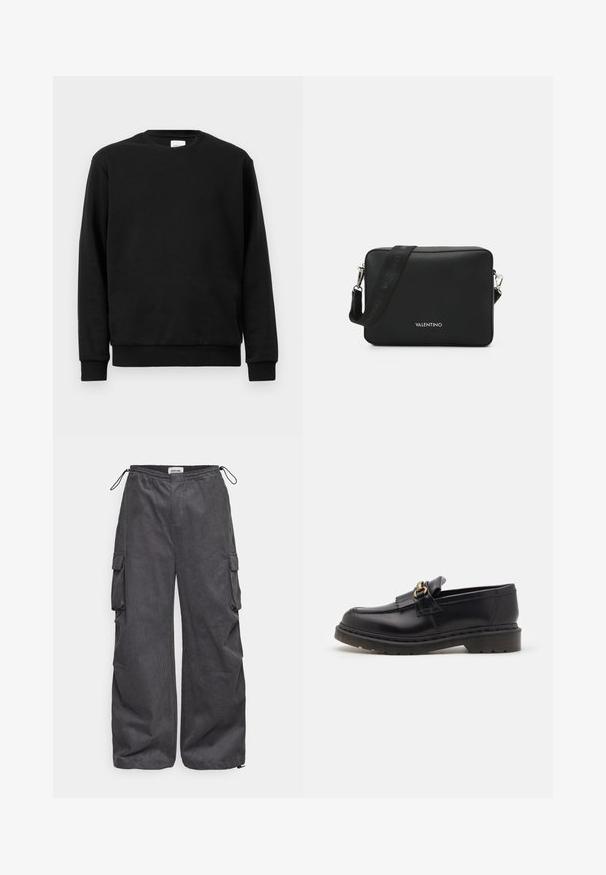 Felpa nera realizzata in tessuto misto cotone; presenta un collo rotondo, maniche lunghe e polsini e orlo a coste per una vestibilità aderente.; Pantaloni cargo grigi con un tessuto texturizzato, vita elastica, cordino e dettagli con tasche laterali. Vestibilità ampia con gambe larghe.; Mocassini in pelle nera con punta tonda, frange decorative e dettagli in oro. Suola in gomma spessa per maggiore aderenza e durata.; Borsa a tracolla rettangolare nera realizzata in materiale testurizzato, dotata di una chiusura in metallo argentato e di una tracolla regolabile con marchio.