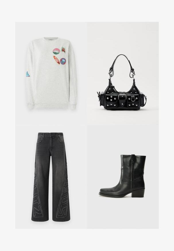 Light gray sweatshirt with a crew neck, featuring five colorful embroidered patches of various shapes and designs on the front and sleeve.; Black wide-leg jeans made of denim, featuring a frayed embroidered graphic on the sides and traditional five-pocket design.; Black leather ankle boot with a rounded toe, block heel, side zipper, and stitching accents on the vamp. Smooth texture, classic design.; Black leather handbag with a curved design, featuring silver studs, a buckle, and two side pockets. Adjustable strap for carrying options.