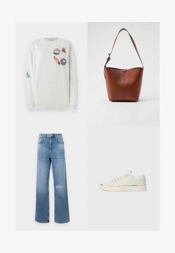Sudadera gris claro con cuello redondo, que presenta cinco parches bordados de colores de varias formas y diseños en la parte delantera y en las mangas.; Jeans de pierna ancha en denim de color azul claro, con una cintura alta, diseño de cinco bolsillos y "STIEGLITZ" bordado en el muslo izquierdo.; Zapatilla baja en color blanco roto con diseño de cordones, forro interior blanco y un sutil borde multicolor a lo largo del borde de la suela, vista lateral.; Bolso de hombro de cuero marrón con forma curva, textura suave y una única correa delgada. Presenta una costura sutil y un pequeño detalle del logo.