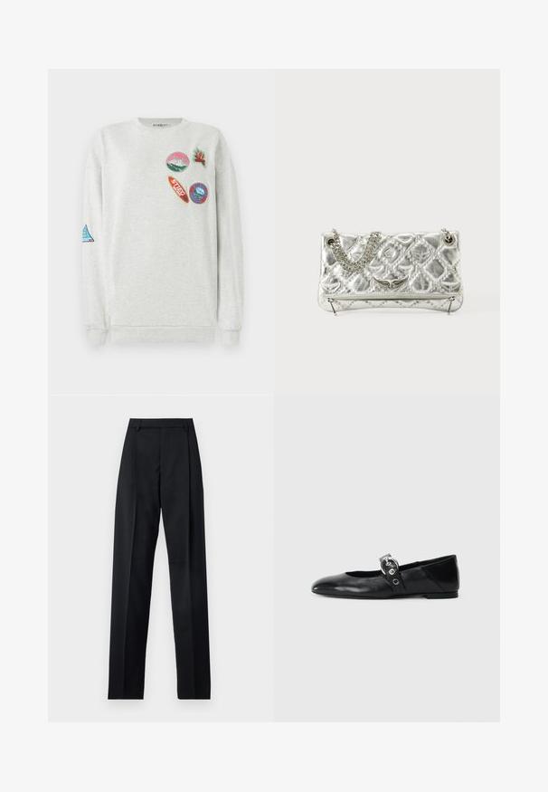Sudadera gris claro con cuello redondo, que presenta cinco parches bordados de colores de varias formas y diseños en la parte delantera y en las mangas.; Pantalones negros de tela suave con cintura alta, piernas amplias, pliegues frontales y lazos de cinturón clásicos. No hay bolsillos laterales visibles.; Mocasines de ballet de cuero negro con punta afilada, que cuentan con una correa con un cinturón metálico circular y una suela plana.; Bolso de mano metálico plateado con asa de cadena, textura acolchada, costura decorativa y cierre de cremallera. Presenta detalles en relieve en la parte frontal.