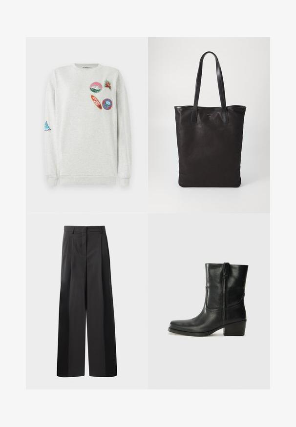 Světle šedá mikina s kulatým výstřihem, která má na přední části a rukávu pět barevných vyšitých nášivek různých tvarů a designů.; Černé kalhoty širokého střihu s vysokým pasem, které mají přední sklady, hladký povrch a upravený vzhled. Navrženy pro volný střih.; Černá kožená kotníková bota s kulatou špičkou, blokovým podpatkem, bočním zipem a prošíváním na svršku. Hladký povrch, klasický design.; Černá plátěná taška s černými koženými uchy. Jednoduchý design, prostorné tělo a hladký povrch. Žádné viditelné loga ani vzory.
