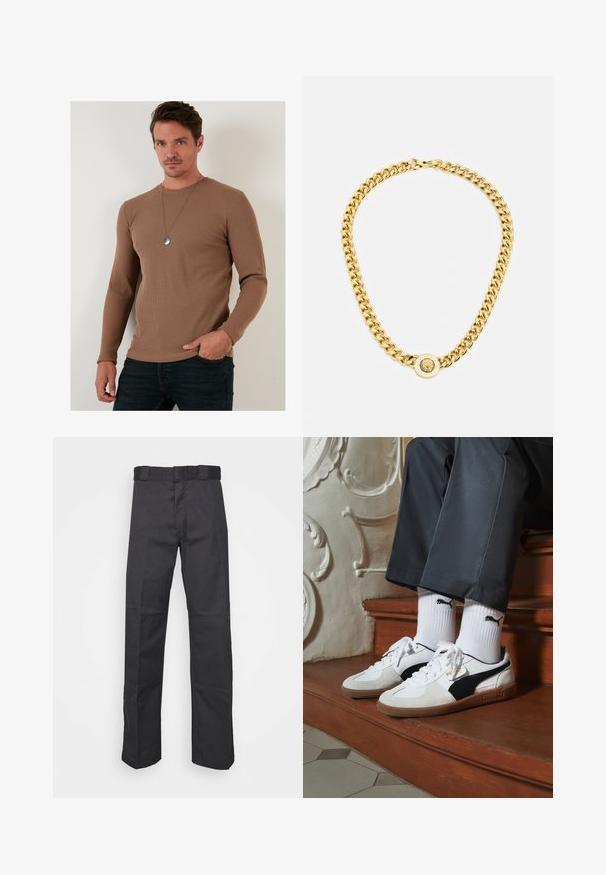 Braun gerippte Langarmshirt aus strukturiertem Stoff, mit rundem Ausschnitt und eng anliegendem Schnitt, kombiniert mit dunklen Jeans.; Schwarze Hose aus strapazierfähigem Material, mit geradem Bein, einem Bund mit Gürtelschlaufen und Nähten für zusätzlichen Textur.; Puma-Sneaker aus weißem und schwarzem Wildleder mit einer braunen Gummisohle. Kombiniert mit weißen Socken, die ein schwarzes Logo zeigen, getragen zu dunklen Hosen.; Goldene Kettenhalskette mit großen miteinander verbundenen Gliedern, mit einem kreisförmigen Anhänger in der Mitte, der ein erhabenes Emblem zeigt.