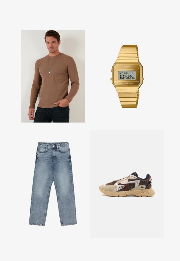 Ruda siaura ilgomis rankovėmis marškinėliai, pagaminti iš tekstūruotos medžiagos, su apvalia iškirpte ir prigludusia forma, derinami su tamsiomis džinsomis.; Šviesiai mėlynos džinsinės kelnės su tiesiu kelnės siluetu, matomomis siūlėmis, penkių kišenių dizainu ir mygtuko uždarymu juosmens srityje.; Bežiniai ir rudi sportbačiai su tekstūruotais tinkliniais intarpais, zomšos akcentais ir guminiais padais. Pasižymi šniriamu dizainu ir prekiniais ženklais.; Casio skaitmeninis laikrodis su aštuonkampiu auksinės spalvos nerūdijančio plieno korpusu ir apyranke, turintis LCD ekraną, alarmą ir atsparumą vandeniui.