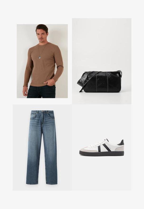 Pruun soonitud pikkade varrukatega särk, mis on valmistatud tekstureeritud kangast, ringjate kaeluseks ja istuva kehaga, kombineeritud tumedate teksadega.; Sirged sinise denimist teksad sirgjoonesega, heledama pesuga, viie tasku disainiga, metallnööpide ja vöörihmadega. Kindel, keskmise raskusega kangas.; Valged tossud mustade ja hallide aktsentidega, tekstureeritud halli varbakattega, musta kummitald ja lamedad valged paelad. Puhtad jooned, minimalistlik stiil.; Must mustra nahkainine õlakott, millel on tõmblukk, tekstureeritud pind, valged õmblused ja rihm hõbedaste rõngastega.