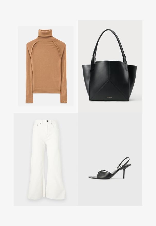 Rudas megztinis su stovu, pagamintas iš švelnios medžiagos, turi raglano rankoves ir prigludusią siluetą. Raukšlėtos rankovių ir apykaklės detalės akcentuoja dizainą.; Baltos džinsinės kelnės su platiomis klešnėmis, aukštu liemeniu, penkiomis kišenėmis ir apdaila neapdirbtu kraštu. Su metalinėmis detalėmis ir mygtuko užsegimu.; Juodos odinės slingback aukštakulnės bateliai su smailiu priekiniu galu, plona kulkšnies juostele ir stiletto kulnu. Papuošti mazginio detalė vampyro dalyje.; Juodas odinis nešiojimo krepšys su geometriniu dizainu, turintis dvi rankenas ir auksinį prekės ženklą priekyje. Lygus paviršius ir struktūrizuota forma.