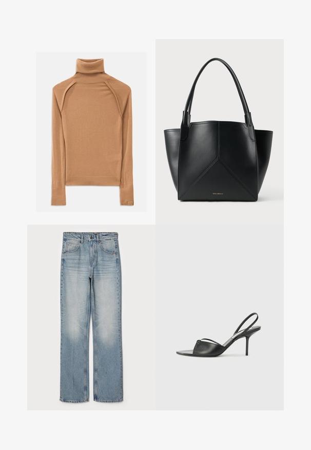 Brauner Rollkragenpullover aus weichem Material, mit Raglanärmeln und einer figurnahen Silhouette. Rippbündchen und Kragen betonen das Design.; Helleblaue Denim-Jeans mit geradem Schnitt, hoher Taille, fünf Taschen und dezentem Verblassen an Oberschenkeln und Knien.; Schwarze Leder-Slingback-Pumps mit spitzem Zehenbereich, dünnem Knöchelriemen und Stiletto-Absatz. Verfügt über ein geknotetes Detail auf dem Blatt.; Schwarze Ledertasche mit geometrischem Design, ausgestattet mit zwei Griffen und goldfarbener Markierung auf der Vorderseite. Glatte Textur und strukturierte Form.