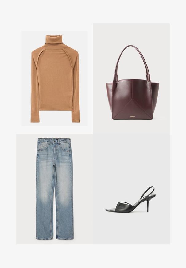Brūns turtlenecks džemperis, izgatavots no mīkstas auduma, ar raglan piedurknēm un pieguļošu siluetu. Ribotās piedurknes un apkakle izceļ dizainu.; Gai zili džinsi ar taisnu piegriezumu, kas iezīmē augsto vidukli, piecu kabatu dizainu un maigu izbalēšanu uz augšstilbiem un ceļgaliem.; Melnas ādas siksniņu augstpapēžu kurpes ar norādītu purngalu, plānu potītes siksniņu un stiletto papēdi. Arī ar sasietu detaļu uz vamp.; Tumši brūns ādas somiņš ar divām rokturiem un ģeometriskajiem paneļu šuvēm, ar mazu zelta zīmola tekstu tuvu apakšējai centram.