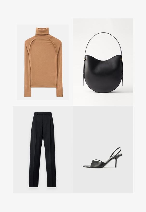Brauner Rollkragenpullover aus weichem Material, mit Raglanärmeln und einer figurnahen Silhouette. Rippbündchen und Kragen betonen das Design.; Schwarze Hosen aus glattem Stoff mit hoher Taille, weitem Bein, vorderen Falten und klassischen Gürtelschlaufen. Keine sichtbaren Seitentaschen.; Schwarze Leder-Slingback-Pumps mit spitzem Zehenbereich, dünnem Knöchelriemen und Stiletto-Absatz. Verfügt über ein geknotetes Detail auf dem Blatt.; Schwarze Leder-Schultertasche mit geschwungener Form, dünnem Griff und subtilen goldenen Akzenten. Glatte Textur mit minimalistischer Gestaltung.