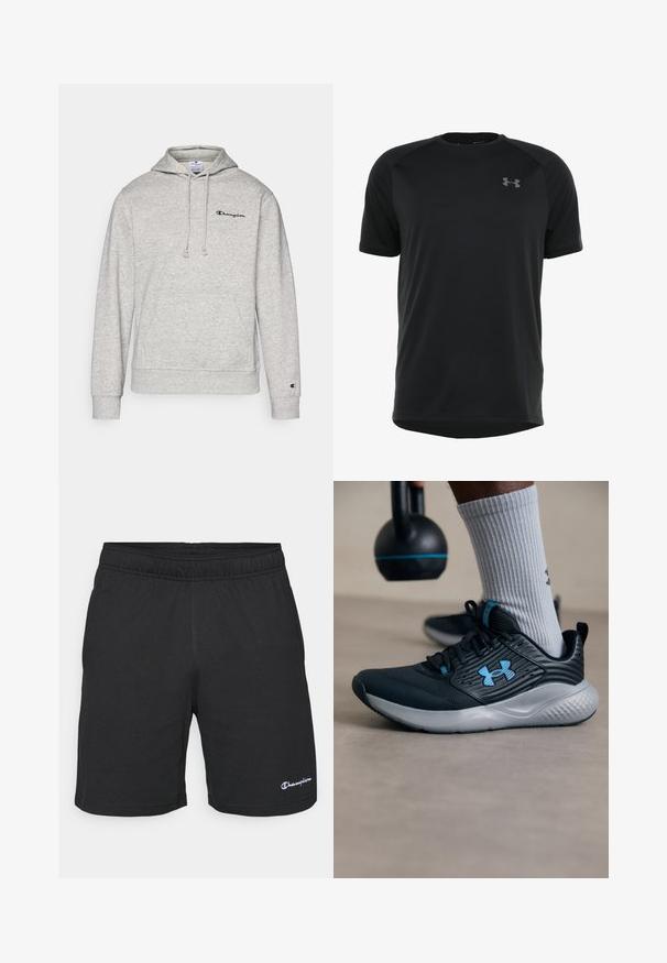 Sivi dukserica s kapuljačom, s vezicom, kengurskom džepom i izvezenim logotipom na prsima. Tkanina od pamučne mješavine s rebrastim manžetama i rubom.; Crna kratka majica s kratkim rukavima za sport izrađena od glatkog, laganog materijala. Ima okrugli dekolte i diskretan logo na grudima.; Crne sportske kratke hlače s elastičnim pojasom, izrađene od mekanog materijala, s malim bijelim logotipom na donjoj lijevoj strani.; Crne atletske cipele s plavim akcentima, teksturirani gornji dio i sivi đon. Nosi se s sivim rebrastim čarapama, pored crnog kettlebella.