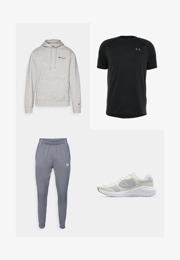 Felpa grigia con cappuccio e coulisse, tasca a marsupio e logo ricamato sul petto. Tessuto in misto cotone con polsini e orlo a coste.; Maglietta atletica nera a maniche corte realizzata in tessuto morbido e leggero. Presenta un collo rotondo e un logo discreto sul petto.; Pantaloni sportivi grigi con vita elastica, tasche laterali e dettagli bianchi. Realizzati in un materiale morbido e leggero.; Scarpa atletica bianca con accenti grigi chiari, materiali in rete e suede, punta arrotondata, suola testurizzata e logo del marchio visibile sul lato.