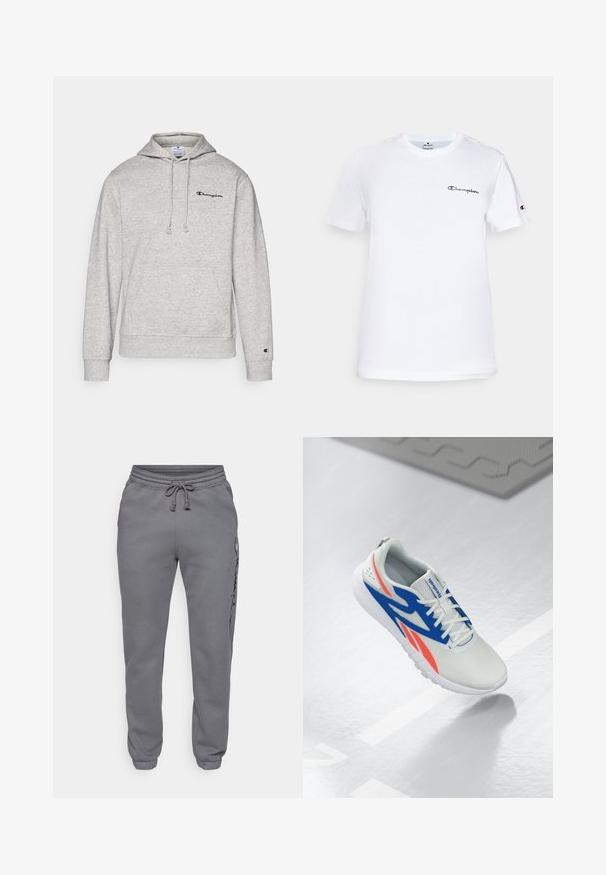 Pelēks kapucis ar aukliņu, kangaru kabatu un izšūtu logo uz krūšu daļas. Kokvilnas maisījuma audums ar ribotām aprocēm un apakšmalu.; Balta kokvilnas T-krekls ar apaļu kakla izgriezumu, īsām piedurknēm un melnu izšūtu "Champion" logo uz krūšu un piedurknes akcenta.; Champion ICONS TONAL CUFF LARGE LOGO - Treniņtērpa apakšdaļas - foggy; Baltas sporta apavi ar ziliem un sarkaniem akcentiem, sasaistīti un lidinās virs gaiši pelēka grīdas ar līniju un paklāju fonā.