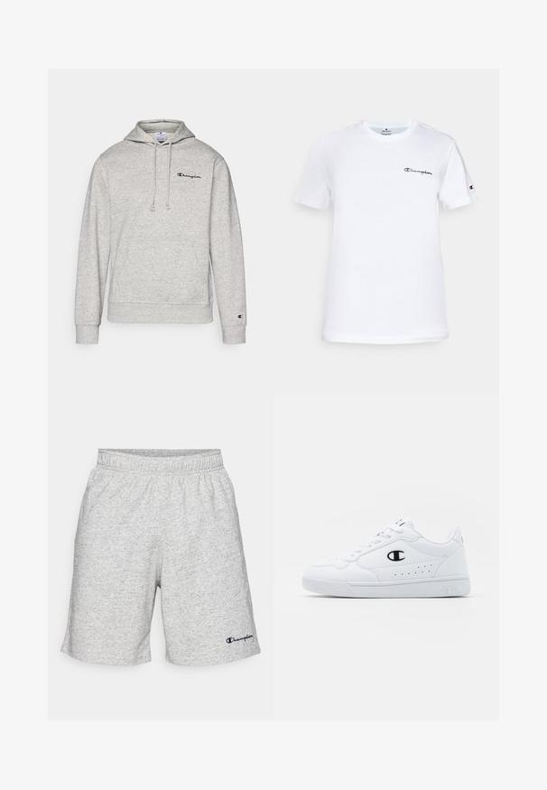 Grå hettegenser med snor, kengurulomme og brodert logo på brystet. Blandingsstoff av bomull med ribbestrikkede mansjetter og nederkant.; Hvit bomull t-skjorte med rund hals, kortermet, og med svart brodert "Champion" logo på brystet og på ermeakkcent.; Grå jersey-materiale shorts med elastisk linning og en marineblå "Champion"-logo på nedre venstre side.; Hvite atletiske joggesko med en glatt syntetisk overdel, svart logo-akcent og perforerte detaljer på siden. Gummisåle.