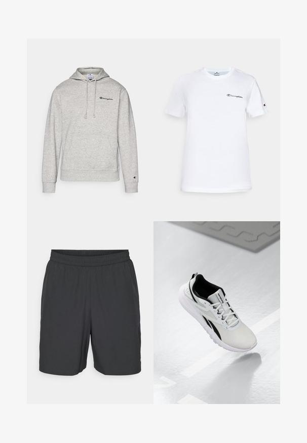 Sudadera gris con capucha y cordón, bolsillo tipo canguro y logo bordado en el pecho. Tejido de mezcla de algodón con puños y dobladillo de canalé.; Camiseta de algodón blanca con cuello redondo, mangas cortas y un logo bordado en negro de "Champion" en el pecho y un acento en la manga.; Champion TRAINING SHORTS - Pantalón corto de deporte - black; Zapato deportivo gris claro con acentos negros, parte superior de malla texturizada, suela acolchada y cierre de cordones. Incluye una tira de tirón en el talón.
