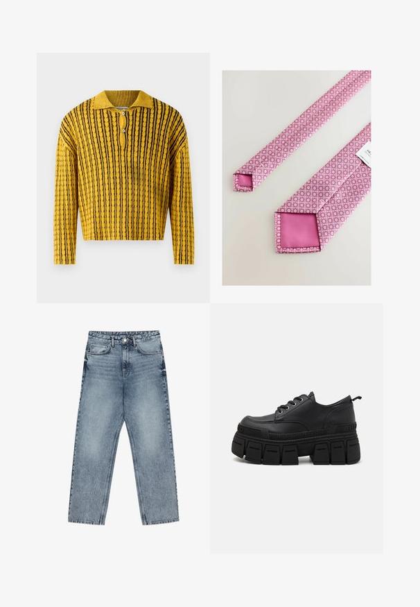 Yellow and black striped knit sweater with a polo collar, three-button placket, and ribbed texture. Cropped length with long sleeves.; Next EDIT LONG SLEEVE- REGULAR FIT - Shirt - black; Light blue denim jeans with a straight leg cut, visible stitching, five pocket design, and a button closure at the waist.; Buffalo GOSPHER LACE UP - Lace-ups - black; Pink tie featuring a geometric floral pattern, textured surface, and a solid pink underside. Square tip with a label attached.