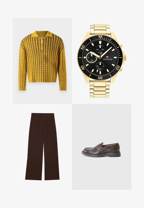 Pullover a righe gialle e nere in maglia con colletto polo, chiusura a tre bottoni e texture a costine. Lunghezza cropped con maniche lunghe.; Pantaloni larghi marroni con pieghe. Realizzati in un tessuto liscio, presentano una vita sagomata e tasche laterali. Orlo piatto in fondo.; Mocassini in pelle marrone con finitura liscia, punta arrotondata, cuciture minime e suola spessa in gomma nera. Nessun hardware o accenti visibili.; Orologio in metallo color oro con quadrante nero, indicatori luminosi e tre sotto-quadranti. Presenta un cinturino testurizzato e il logo “HILFIGER” al centro.