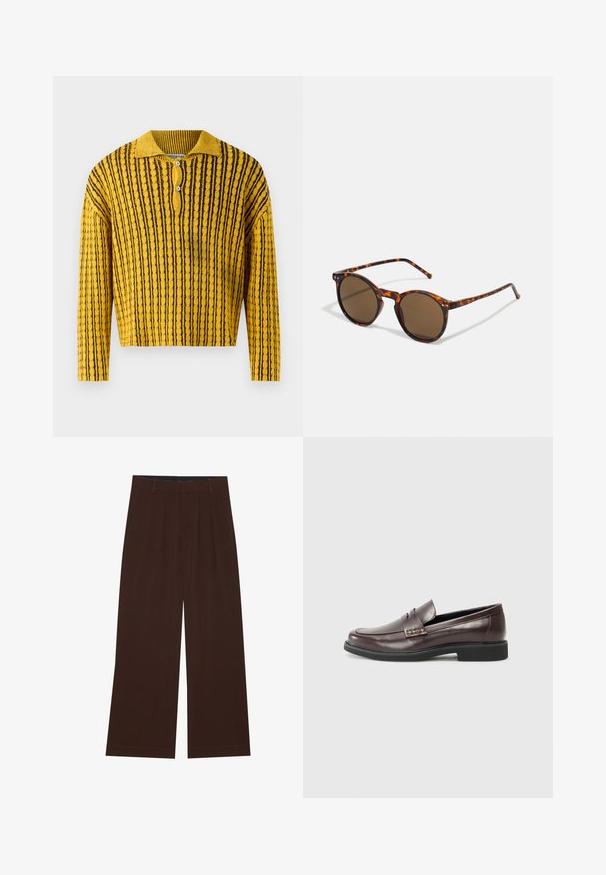 Gul og svart stripet strikkegenser med polo-krage, tre-knappslukking og ribbet tekstur. Korte lengde med lange ermer.; Brune vide benbukser med plisseringer. Laget av et glatt stoff, med skjært midjebånd og sidelommer. Flat kant nederst.; Brune lærloafers med en glat finish, der har en subtil syet detalje på overdelen og en sort gummisål.; Runde solbriller med skilpaddemønster ramme og brune linser. Har tynne stenger med lett tekstur og metalldetaljer nær linsene.