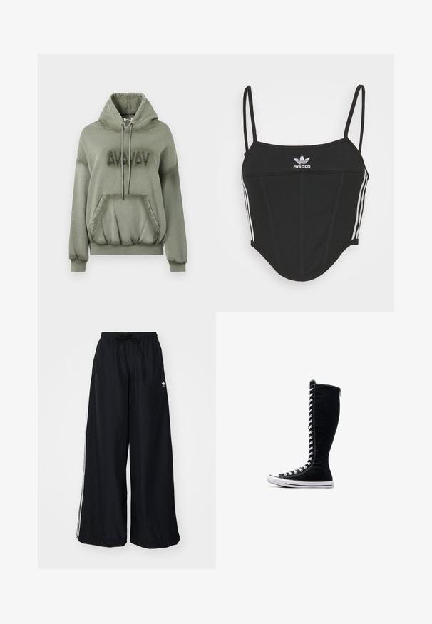 Alyvuogių žalios spalvos džemperis, pagamintas iš minkštos medžiagos, su kengūros tipo kišene, su raišteliu reguliuojamu gobtuvu ir iškilusiais užrašais ant priekio.; Juodas juostuotas trumpas viršus su reguliuojamomis plonomis petnešomis, puikuojantis trimis baltomis juostelėmis šonuose ir mažuoju balto Adidas logotipu centre.; Juodi plačios kojos keliai, pagaminti iš lengvos medžiagos. Yra elastinė juosmens juosta su raišteliu ir baltomis šoninėmis juostelėmis. Prekės ženklo logotipas ant klubų.; Juodos aukštos sportinės bateliai su aukštu dizainu, pagaminti iš kanvo. Su baltais raišteliais, siūlėmis ir guminėmis padais su pirštų kepurėle.