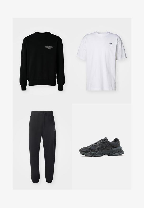 Black crewneck sweatshirt made of cotton blend fabric, featuring ribbed cuffs and hem, with a small white embroidered logo on the chest.; White short-sleeve crew neck T-shirt with small black New Balance logo on left chest against a plain background.; Black sweatpants made of soft material with an elastic waistband, drawstring, and tapered cuffs, featuring a subtle logo on the side.; Black running shoe featuring a mix of mesh and synthetic materials, chunky sole, curved design, and prominent branding on the side.