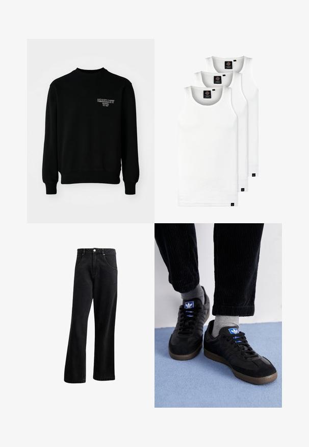 Zwart crewneck sweatshirt gemaakt van een katoenmix, met ribgebreide manchetten en onderrand, en een klein wit geborduurd logo op de borst.; Drie witte geribde tanktops van katoen. Kenmerken zijn een ronde hals en kleine zwarte labels nabij de zoom. Verkrijgbaar in meerdere maten.; Zwarte denim jeans met een recht gesneden ontwerp, voorzien van voorzakken, een knoopsluiting en een lichte textuur. Inclusief een subtiele logo-detail.; Zwarte sneakers van suede en leer, met een blauw logo en een bruine rubberen zool. Gepaard met grijze sokken en corduroy broek.