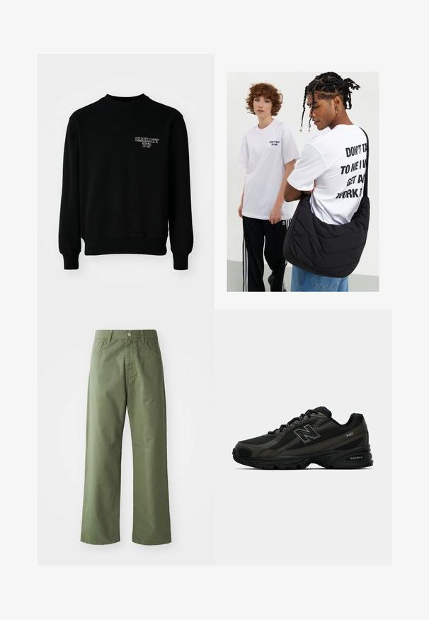 Felpa nera con collo a giro in tessuto misto cotone, con polsini e orlo a coste, e un piccolo logo ricamato bianco sul petto.; Pantaloni larghi verde oliva realizzati in cotone. Presentano passanti per cintura, chiusura con bottone frontale e tasche laterali. Texture liscia.; Scarpe sportive nere con una tomaia in sintetico testurizzato, dotate di una suola imbottita e un prominente logo "N" sul lato. Il design include sezioni in rete leggera.; Borsa a spalla nera trapuntata con una texture morbida, indossata da una persona con una maglietta grafica bianca con testo in grassetto. Outfit casual con jeans.