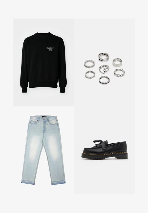 Schwarzer Rundhalsausschnitt-Sweatshirt aus Baumwollmischgewebe, mit gerippten Bündchen und Saum, und einem kleinen weißen gestickten Logo auf der Brust.; Pegador BARROW - Loose Jeans - sand washed blue; Schwarze Lederloafers mit einem fransenverzierten Akzent, ausgestattet mit einer robusten schwarzen Sohle und gelber Naht entlang der Kante. Texturierte Oberfläche.; Set aus sieben silbernen Ringen mit verschiedenen Designs, einschließlich verdrehter, verbundener und gravierter Muster. Unterschiedliche Formen und Breiten.