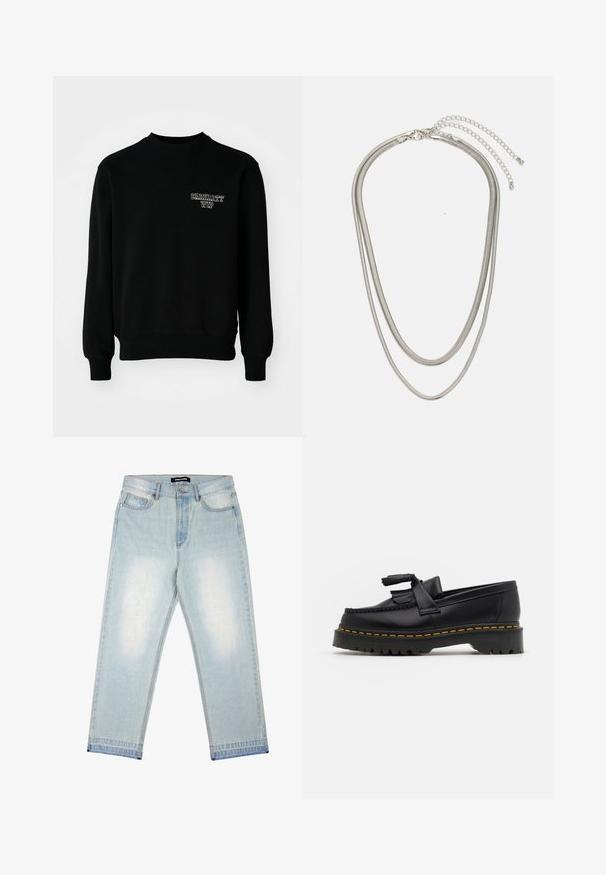 Černá mikina s kulatým výstřihem vyrobená z bavlněné směsi, s žebrovanými manžetami a lemem, na hrudi s malým bílým vyšitým logem.; Pegador BARROW - Volné džíny - sand washed blue; Černé kožené mokasíny s třásněmi, se silnou černou podrážkou a žlutým prošíváním podél okraje. Texturovaný povrch.; Vícevrstvý stříbrný kovový náhrdelník s elegantními, flexibilními řetízky s jemným leskem, zabezpečený karabinkou a nastavitelným řetízkem.