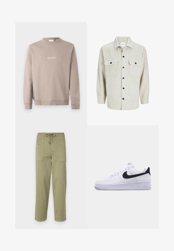 Beež dressipluus pikkade varrukatega ja ümmarguse kaelusega. Ees on valge tikandiga "Original Studio". Sile tekstuur, ribadest mansetid.; Beež flanellist särk, millel on krae, kahe rinnatasku ja mustade nööpidega, pikaaeline varrukad nööpidega cuffs.; Kerged oliivrohelised püksid, mis on valmistatud puuvilla segakangast, elastse vöökoha ja nööriga, ning kahel suurel küljeosal.; Valge nahast toss musta tekstuuriga Swooshiga, lamedate nööridega ja kummist tallaga, millel on sooneline muster. "AIR" on reljeefne kandadel.