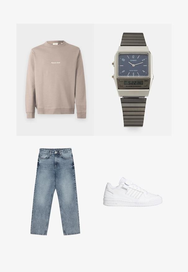 Beige huppari pitkillä hihoilla ja pyöreällä kaula-aukolla. Etupuolella on valkoisena brodeerattu teksti "Original Studio". Miellyttävä pinta, resorit hihansuissa.; Vaaleansiniset farkut, joissa on suora lahje, näkyvät tikkaus, viisi taskua ja napin suljenta vyötäröllä.; Valkoiset urheilukengät, joissa on sileä nahkapinta, rei'itetty varvasosa, kolme raitaa ja tarranauha. Kumipohja, jossa on brändäysdetalji.; Casio digitaalikello, jossa on sininen kellotaulu, hopeinen kuori ja kerroksellinen musta kumihihna. Näyttää ajan ja hälytysasetukset. Vedenkestävä.