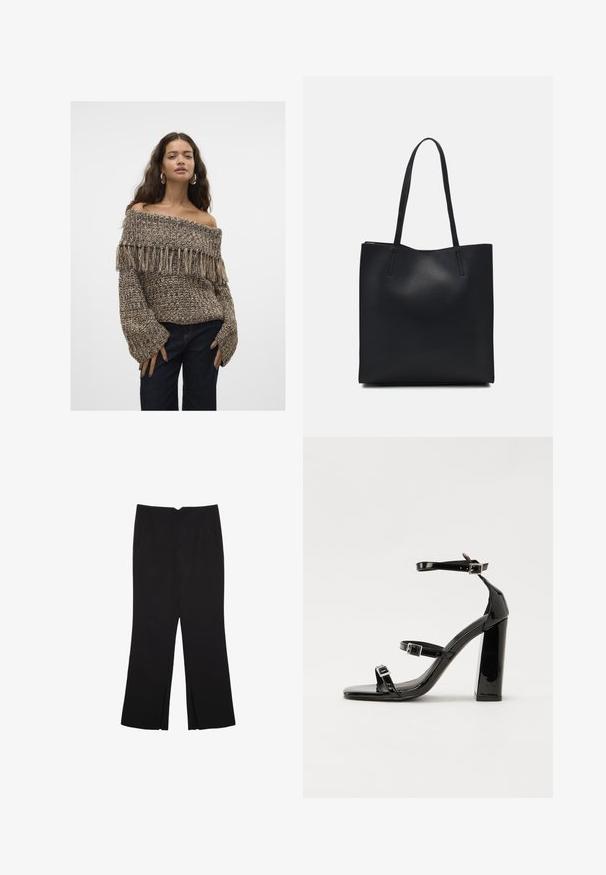 Pulover s spuštenimi rameni, pleten s rese, v rjavih in bež odtenkih, z teksturirano tkanino in širokimi rokavi.; Črne hlače ravnega kroja z naglavnimi žepi in stranskimi razporki na robu. Narejene iz mehke, gladke tkanine. Primerne za različne priložnosti.; Črne lakirane sandale s peto, kvadratnim prstom, trakovi okrog gležnja in srebrnimi zaponkami. Opremljene so s stabilno Debelo peto.; Črna usnjena torba s svilnato teksturo, pravokotne oblike in dvema dolgima ročajema. Brez vidnih metalnih delov ali okrasnih elementov.