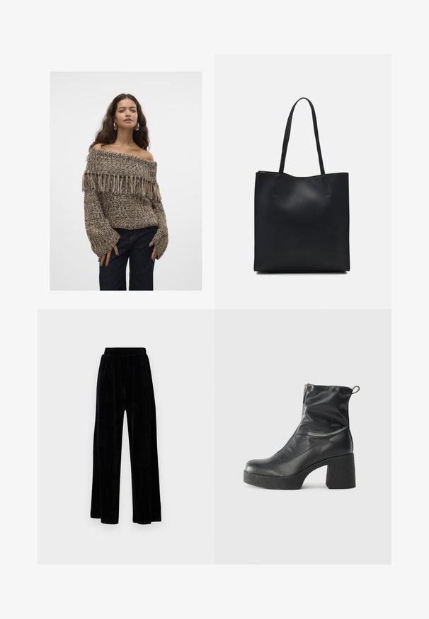 Maglione a spalla scoperta in maglia con dettagli a frange, caratterizzato da una combinazione di colori marrone e beige, tessuto texture e maniche ampie.; Pantaloni neri a gamba larga realizzati in morbido velluto, dotati di una cintura elastica e una superficie liscia, senza dettagli o motivi visibili.; Stivali neri alla caviglia in pelle liscia, con zip laterale, tacco spesso e texture, e punta arrotondata.; Borsa tote in pelle nera con texture liscia, forma rettangolare e due manici lunghi. Nessun hardware o decorazione visibile.