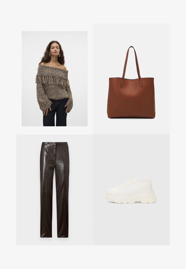Off-shoulder stickad tröja med fransdetaljer, med en färgskala i brunt och beige, texturerad tyg och vida ärmar.; Mörkbruna raka läderbyxor med en slät yta och subtila sömnadsdetaljer längs framsidan.; Vitcanvas sneakers med en chunky sula, rund tå och fem öglor för snören. Bakre tab för enkel påtagning. Slät yta, minimalistisk design.; Brun läder tote-väska med en slät textur, öppen toppdesign och två axelremmar. Har minimal söm och ingen synlig metalldetalj.