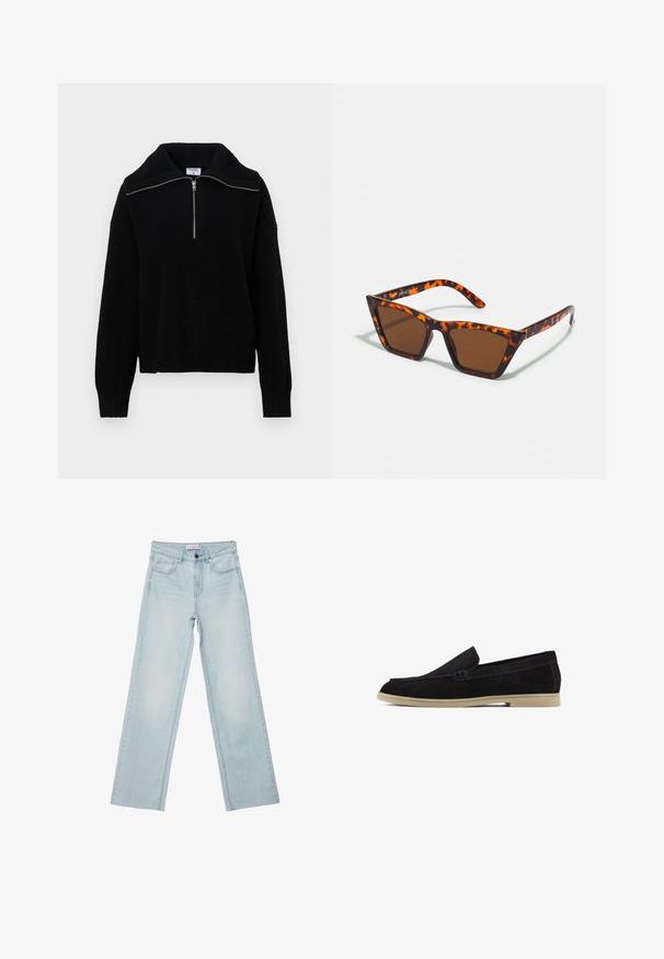 Schwarzer, gestrickter Pullover mit hohem Kragen und halbem Reißverschluss. Bietet eine gerippte Textur und lange Ärmel, die eine lockere Passform gewährleisten.; Hellblaue weit geschnittene Jeans aus Denim. Verfügt über fünf Taschen, einen Knopfverschluss und ausgeblichene Details. Klassischer gerader Schnitt mit lockerer Passform.; Schwarze Wildleder Slipper mit einer flachen beigen Sohle, mit gesticktem Design und einem eleganten Slip-On-Stil, geeignet für die Freizeit.; Braungetönte Sonnenbrille mit Schildpattmuster, eckigem Rahmen und schlanken Bügeln. Hergestellt aus leichtem Kunststoffmaterial.; Schwarze Tasche mit einer geschwungenen Hobo-Form, strukturiertem Stoff und silbernen Nieten. Einzelner Tragegriff, Reißverschluss und weiche Silhouette.
