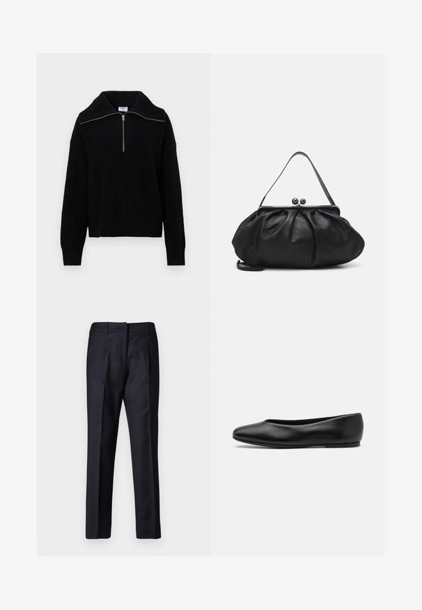 Czarny dzianinowy sweter z wysokim kołnierzem i półzamkiem. Posiada prążkowaną fakturę i długie rękawy, zapewniając luźny krój.; Granatowe spodnie o dopasowanym kroju z gładką teksturą, z płaskim przodem, podwójnymi plisami i szlufkami na pasek. Prosty krój nogawki, wykończone dołem.; Paul Smith TOPANGA czarny; Czarna skórzana torebka o zaokrąglonym, plisowanym wzorze. Posiada metalowy zamek z dwoma dekoracyjnymi kulkami oraz smukły, odpinany pasek.