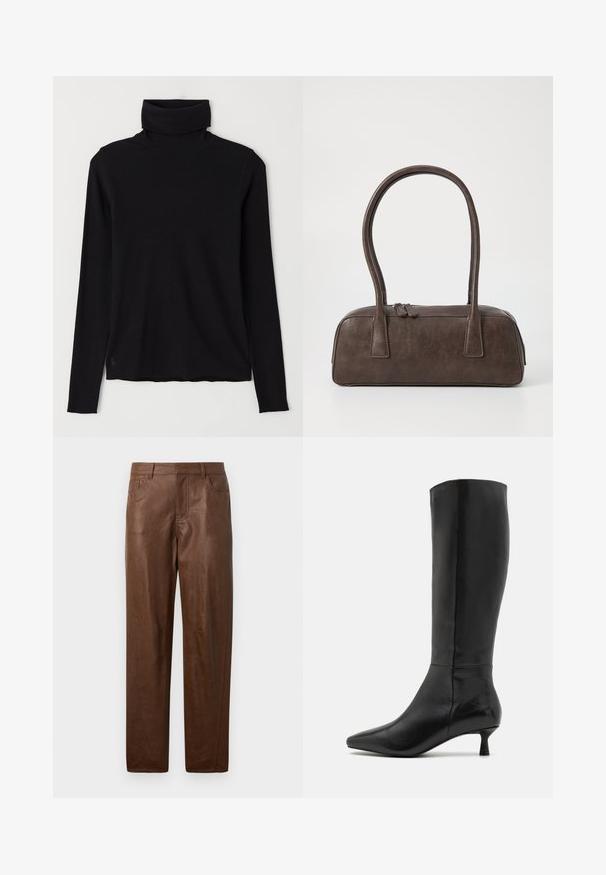 Svart høyhalset genser laget av ribbestrikket stoff. Lange ermer, tettsittende design og en litt avslappet kant uten synlige mønstre eller beslag.; Brune skinnbukser med en jevn tekstur, rett ben design og to sidelommer. Har synlige sømdetaljer.; Zign Støvler - black; Brun lærveske med to robuste håndtak, rektangulær form, jevn tekstur og glidelås. Minimalistisk design uten synlige mønstre.