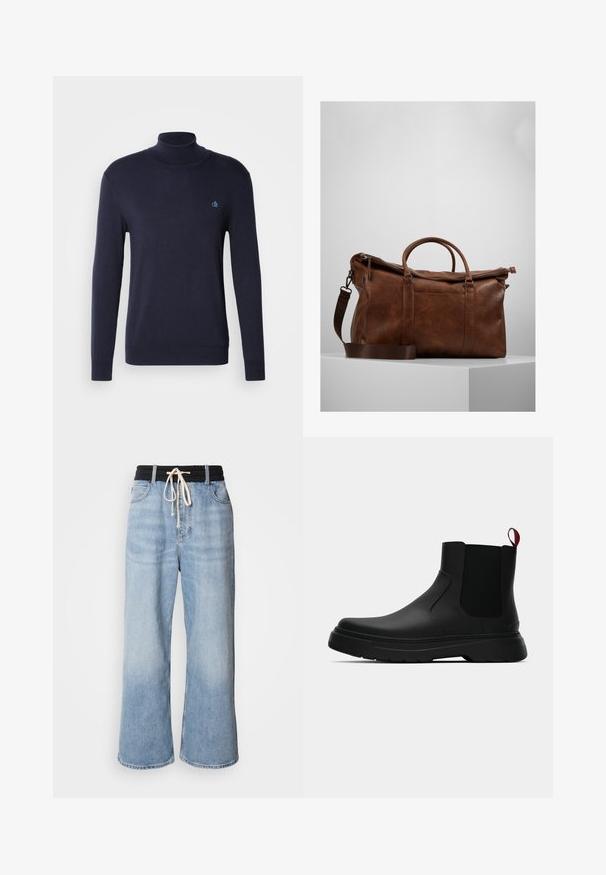 Scotch & Soda TURTLENECK SWEATER - Strikkegenser - night; Lyseblå vide jeans med svart elastisk midje, som har snøring og klassisk fem-lommers design.; Sorte ankelstøvler med en glat overflade, elastiske sidepaneler og en kontrastfyldt rød trækflik, med en tykk gummisål og rund tå.; Brun lær duffelbag med glidelås, doble håndtak, justerbar skulderreim og synlige teksturmønstre på overflaten.