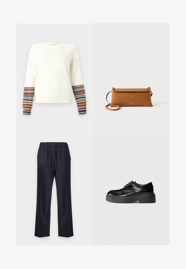 Sweter z długim rękawem w kolorze kremowym, z prążkowanymi mankietami w wielokolorowe paski. Miękka tkanina, okrągły dekolt, luźny krój.; Granatowe spodnie z elastycznym pasem, prostą nogawką, gładką teksturą i bez widocznych wzorów.; Czarne skórzane buty z okrągłym noskiem, grubą platformą i dekoracyjnym zdobieniem w postaci sznurowadeł. Gładka tekstura i widoczne kontrastowe przeszycia.; Brązowa skórzana torebka kopertówka, prostokątny kształt, teksturowana powierzchnia, odczepiany pasek, zamek błyskawiczny, delikatne logo wytłoczone z przodu.