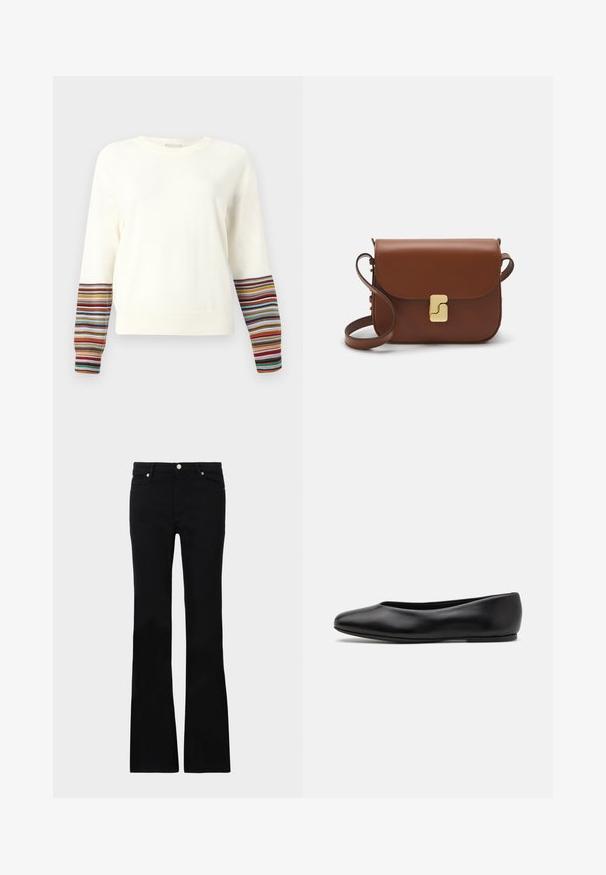 Pitkähihaista neulepuseroa vaaleassa sävyssä, jossa on uritetut hihansuut monivärisillä raidalla. Pehmeä kangas, pyöreä kaula-aukko ja rento istuvuus.; Mustat levenevät farkut, valmistettu denimi- materiaalista, varustettu kahdella etutaskulla, napin sulkimella ja sileällä pinnalla. Alussa näkyviä erityisompeleita.; Paul Smith TOPANGA - Ballerinat - black; Ruskea nahkainen käsilaukku, jossa on läppäkiinnitys, kultasävyiset yksityiskohdat, olkahihna ja sileä pinta. Kompaktin suorakaiteen muotoinen.