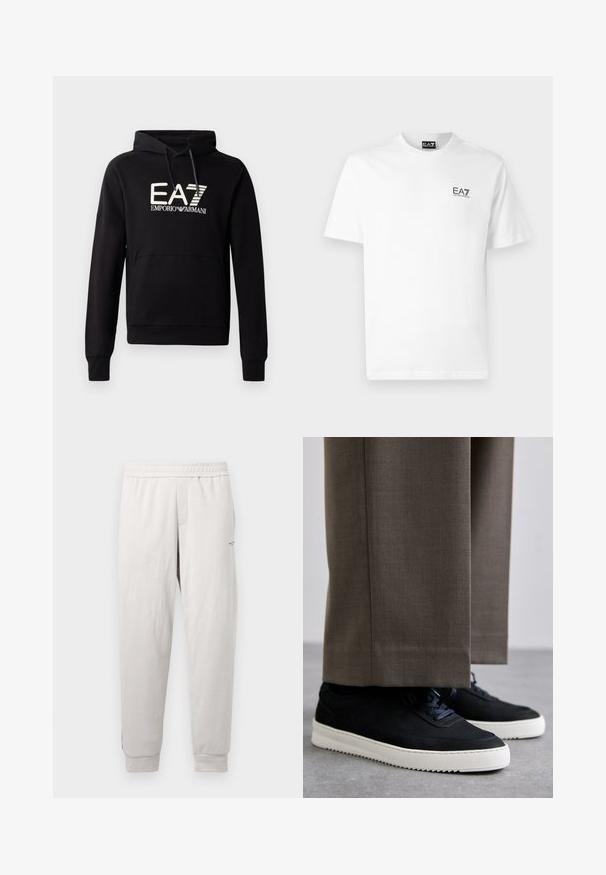 Črna kapuca s kenguru žepom, ki prikazuje belo EA7 Emporio Armani logo na prsih. Nežen material iz mešanice bombaža.; Bela bomba s kratkimi rokavi z okroglim izrezom in črnim logotipom EA7 na levem prsnem delu. Gladka, enostavna tekstura.; Svetlo sivi trenirki z elastičnim pasom, stranskimi žepi, rebrastimi manšetami in subtilnim logotipom na nogi, narejene iz mehkega blaga.; Črne nubuk teniske z belimi gumijastimi podplati, ki imajo zaobljen nos in vezalke, oblečene z sivimi krojenimi hlačami.