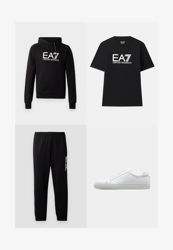 Sweatshirt preto com capuz e bolso canguru, apresentando um logo EA7 Emporio Armani branco em destaque no peito. Material em mistura de algodão macio.; T-shirt preta feita de algodão, com decote redondo e mangas curtas. Logótipo bordado "EA7 EMPORIO ARMANI" em branco na frente.; Calças de treino pretas feitas de um tecido suave, com uma cintura elástica e punhos, e um logotipo em contraste impresso na lateral.; Sapatilha branca com um cabedal em couro liso e de perfil baixo. Apresenta um bico redondo, seis ilhoses e uma sola de borracha texturizada.